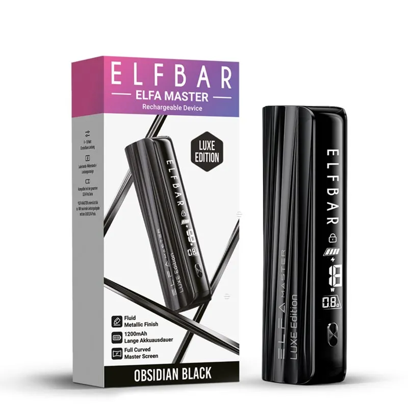 Verpackung des ELFBAR ELFA Master Luxe Edition Basisgeräts in Obsidian Black neben dem Gerät